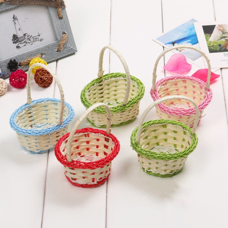 1Pcs Mini Hand-woven Storage Baskets Plastic Weaving Storage Baskets Fabric Flower Basket Fruit Rattan Cosmetics Tea Picnic Bags