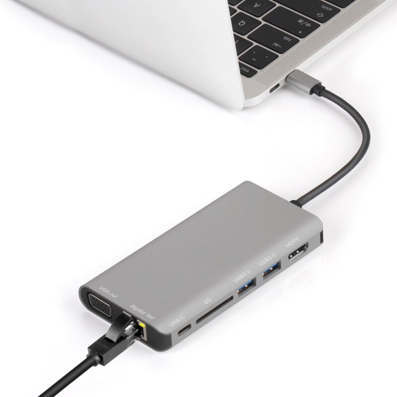 Tipo-c multi-função dock station com cartão usb3.0x2/sdx1 + hdmi/vga + jack 3.5 + rj45 + tipo-c (pd) porto