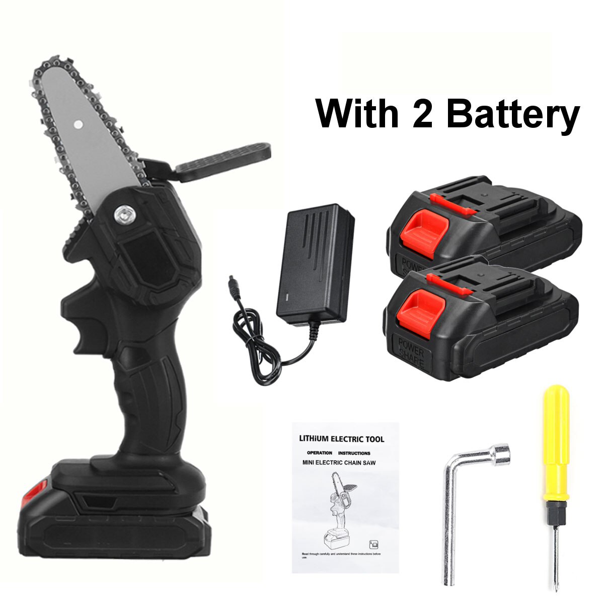 3000W 88VF 4 Inch Mini Electric Saw Chainsaw Garden Tree Logging Saw Woodworking Tools Wood Cutters with 2 Batteries: black 2 battery