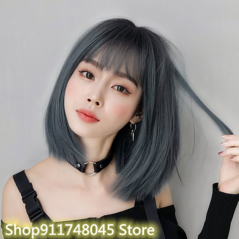 D3111Wig-Peluca de estilo japonés para mujer, con flequillo, tocado Bobo, a la , longitud del hombro, peluca con flequillo