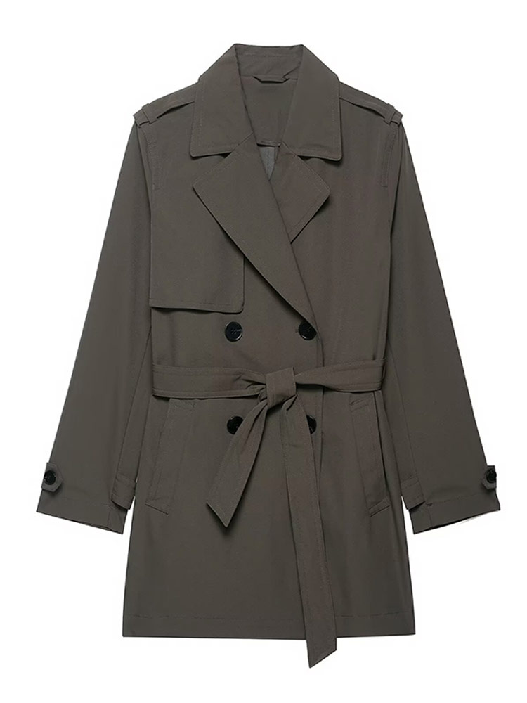 Elegante korte trenchcoat voor dames, gekerfde revers, zelfbindende riem, dubbele rij knopen, casual kantoor bovenkleding, casual dagelijkse jas, outfit