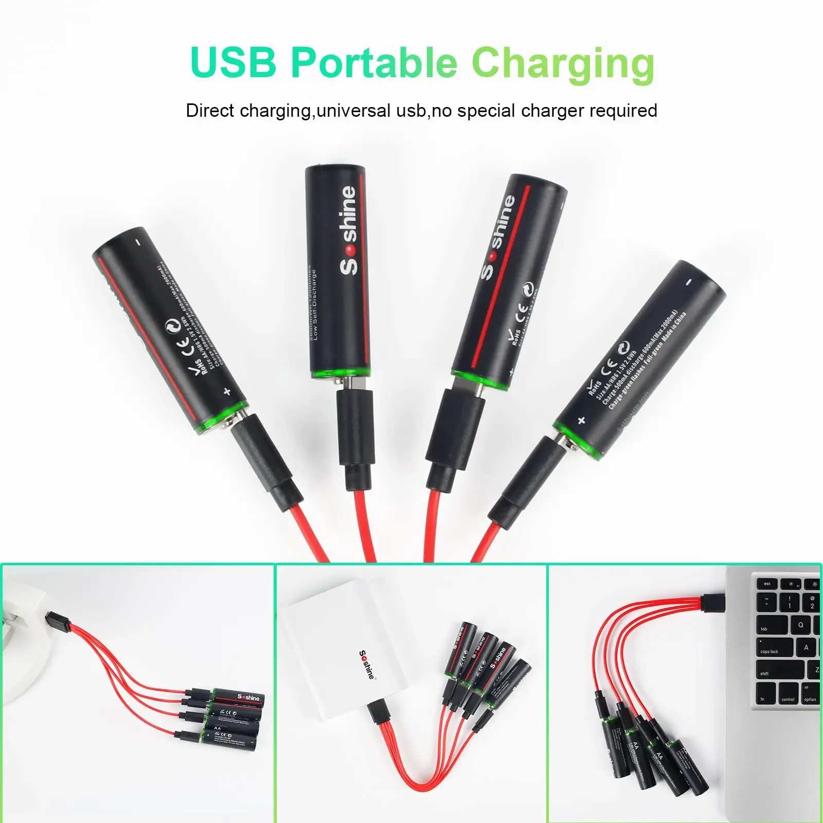 Soshine USB Lithium-Ionen 600 mWh 1,5 V AAA-Akkus + 2600 mWh 1,5 V AA-Akku Li-Ionen AA- und AAA-Akkus