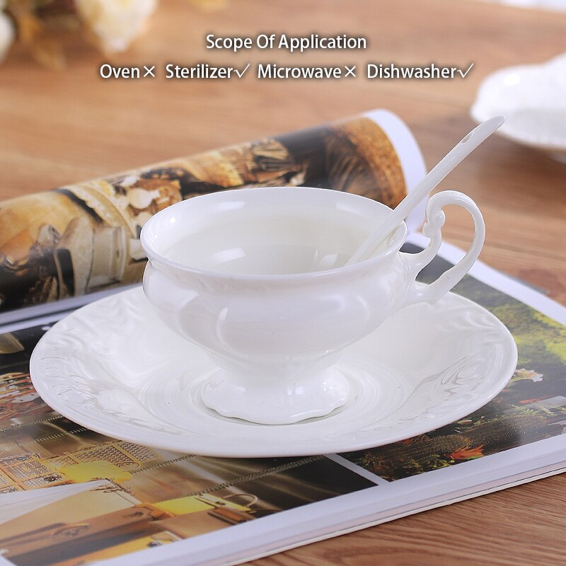 Carved bone china coffee cup dish Spoon Set 180ml simple ceramic tea cup simple white porcelain cup tea boat