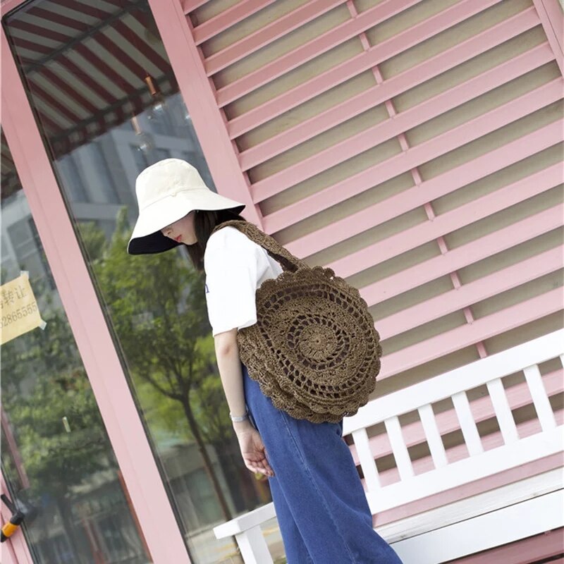 Boheemse holle ronde strozakken voor vrouwen, gevlochten rieten schoudertassen, rotan handtassen, casual zomer strand grote tassen dames handtas