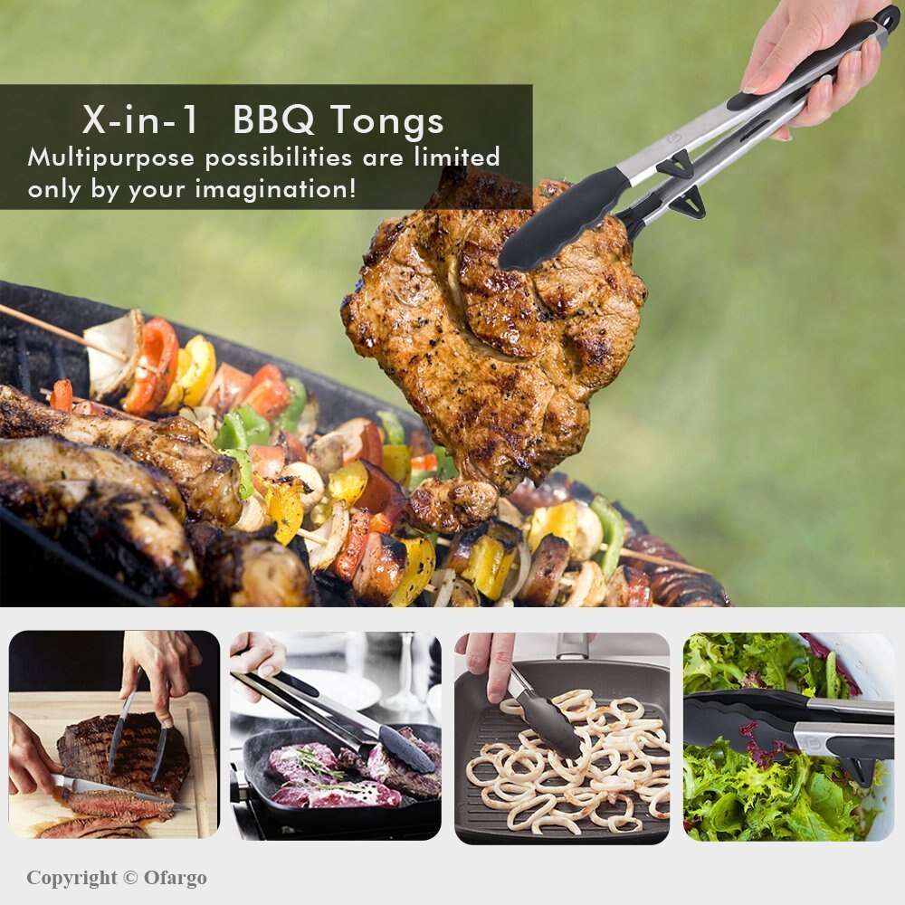 9 inch Kitchen Premium Silicone Tongs Non-slip & Easy Grip Stainless Steel Handle - Smart Locking Clip - Heat Resistant,