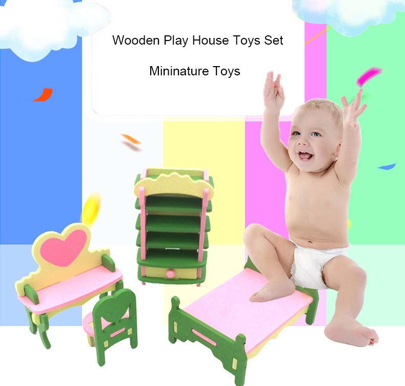 Wooden Simulation Miniature Furniture Bathroom Restaurant House Decoration Play Toys Wood Dollhouse Furniture Toys set For Kids