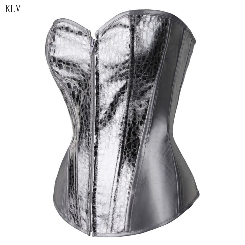 Women Sexy Gothic Shiny Silver Boned Corset Faux Leather Overbust Bustier Front Zipper Lace-Up Waist Cincher Clubwear