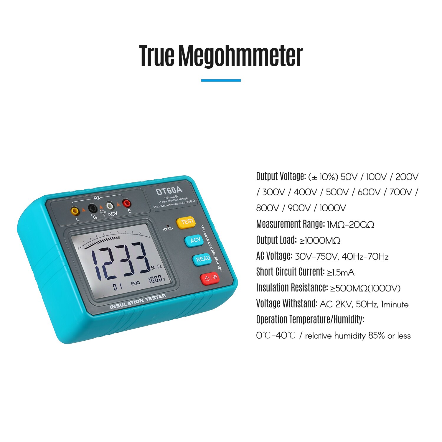 DT60A High Voltage Insulation Resistance Tester Battery Operated LED Digital Ohmmeter Tester Megger Megameter Resistance Meter