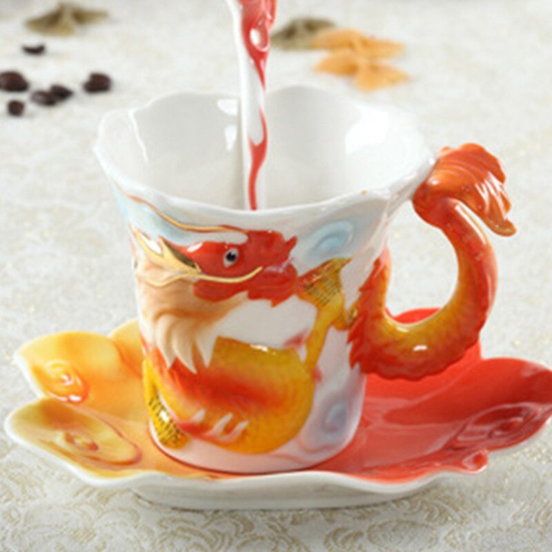 Enamel Porcelain Dragon Phoenix Coffee Cup Dragon Mug Tableware Set
