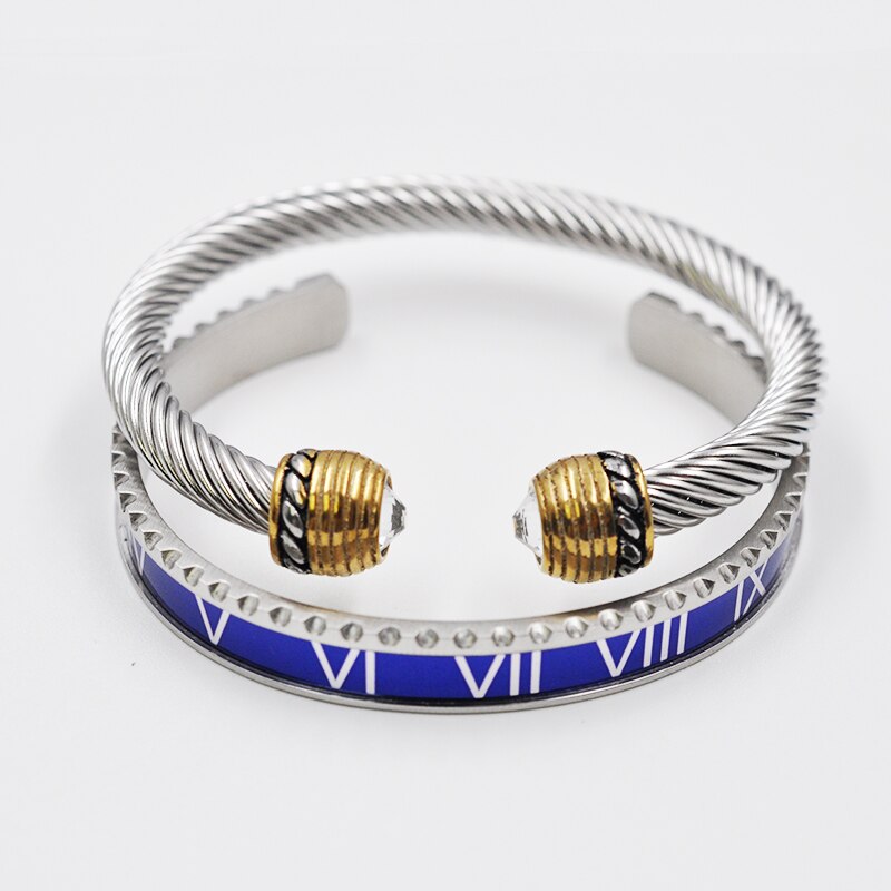 Outdoor Black Roman Numeral Bracelet Men's Cable Wire Rope Bracelet Stainless Steel Men Bangles Punk Street Jewelry Accessories: Set Gold Blue