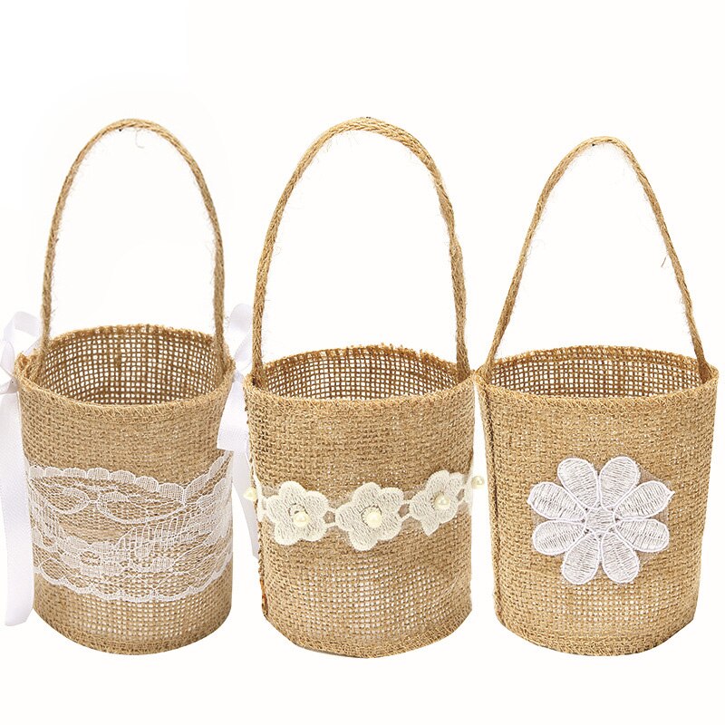 Ślub koronkowy jutowy kwiat kosz lniany uchwyt Vintage rustykalny ślub ceremonia dekoracja stołu Baby Shower Party cukierki prezent torba
