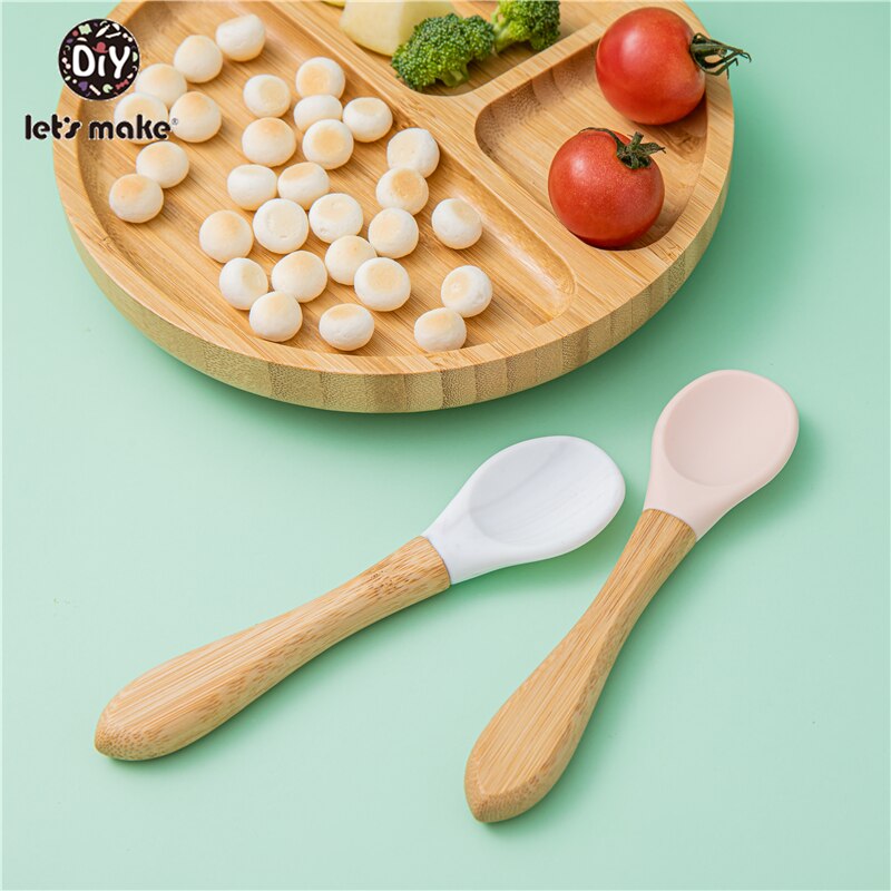 1set Baby Feeding Bamboo Bowl With Spill Proof Silicone Spoon Baby Dinner Plate Feeding Dinnerware Toddler Infant Tableware Set
