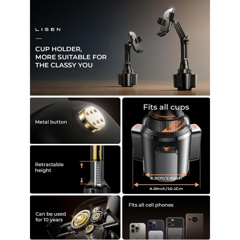 ​ ​ Ulepszony uchwyt na telefon w kształcie kubka ​ ​ – 360 ° Regulowany uchwyt samochodowy pasujący robić wszystkich telefonów 4-7 cali, uniwersalny uchwyt samochodowy robić samochodów, wózków golfowych i uchwytów.