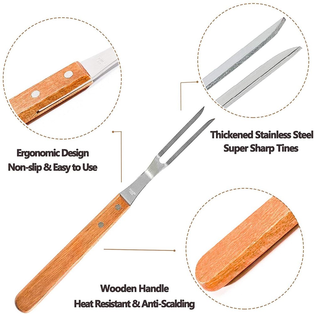 Portable Outdoor Stainless Steel Barbecue Tool Wooden Handle Barbecue Fork Food Fork Meat Fork