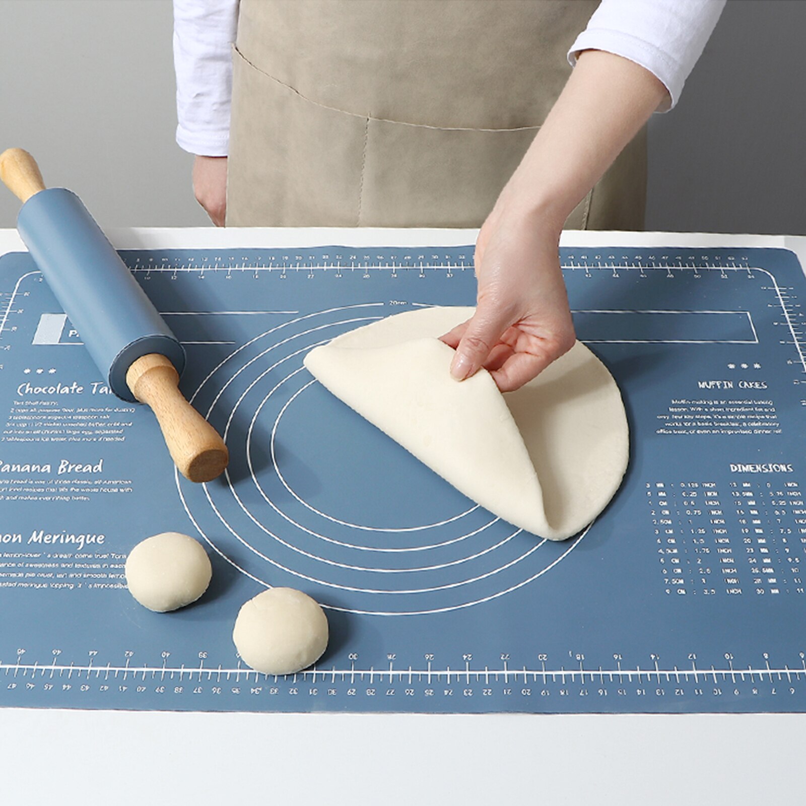 Silicone Kneading Pad Set 3 Pieces Pastry Mat with Measurement Rolling Pin Cutter Counter Broad Cake Baking Dough Cookies Mat