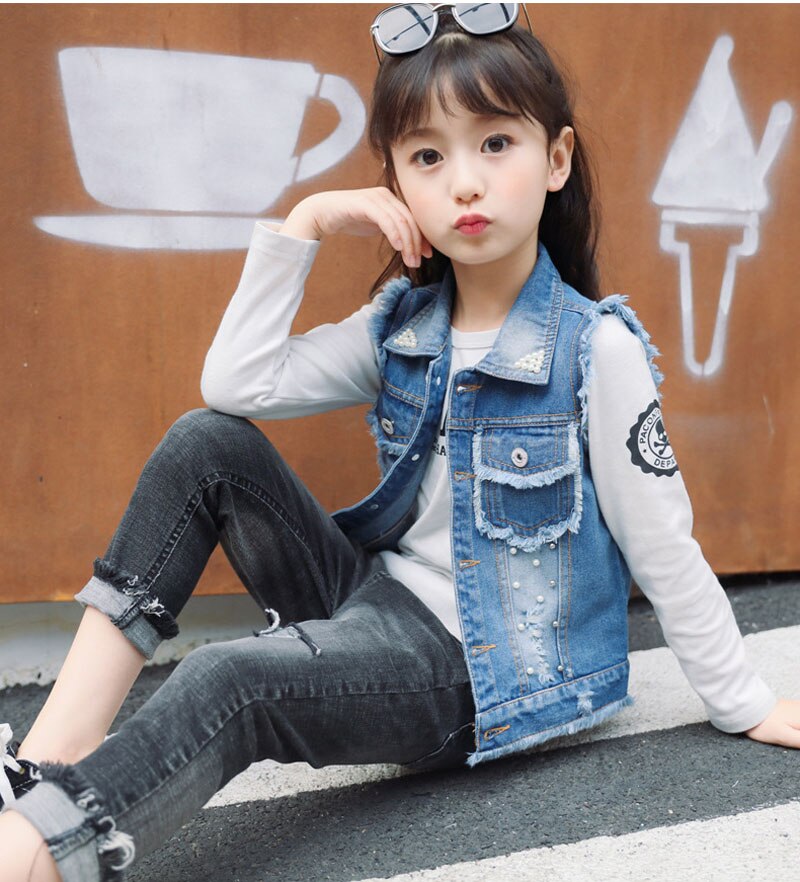 Meisjes Denim Vest 3-13Y Kids Cowboy Vest Mouwloze Jean Jassen Kinderen Bovenkleding Lente Zomer Kleding