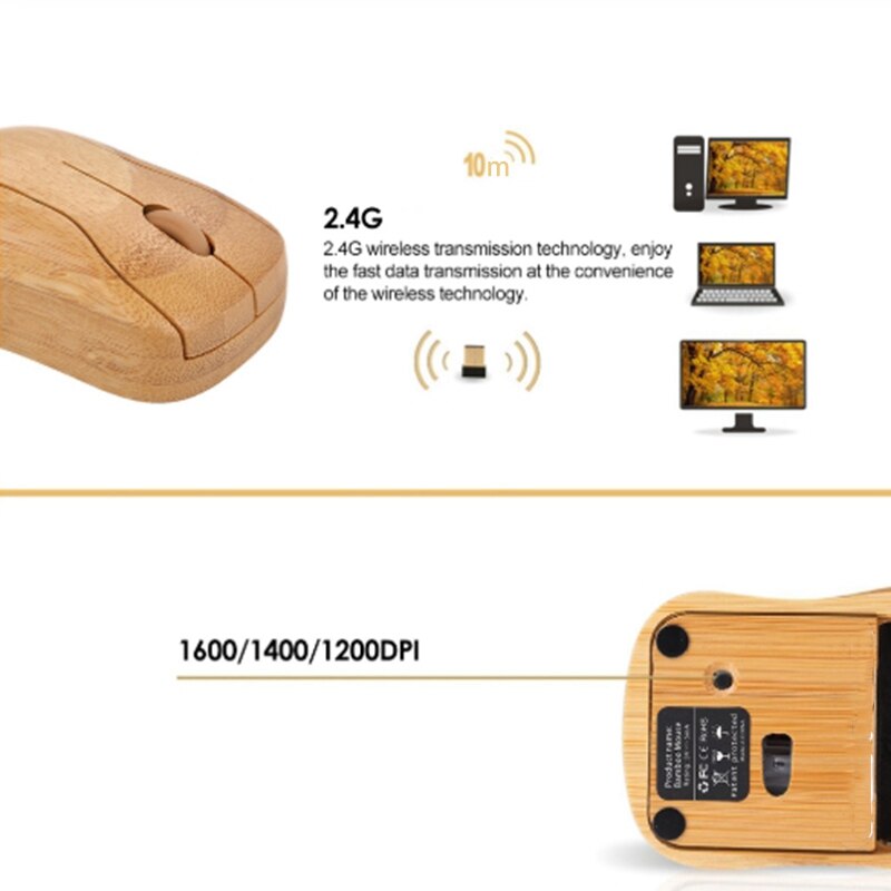2.4G Draadloze Optische Bamboe Mouse Verstelbare Dpi Computer Muis Met Usb-ontvanger Voor Notebook Pc Laptop Computer