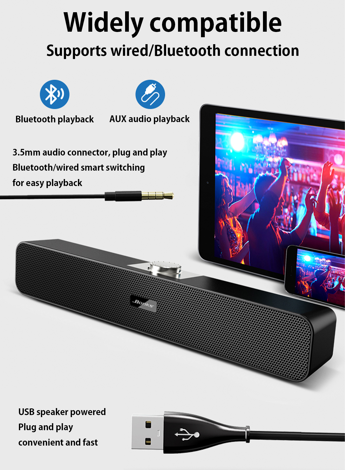 Computerlautsprecher mit 3,5 mm Aux, kleine PC-Lautsprecher mit USB, kabelgebundener USB-Schreibtisch-Lautsprecher, USB-Soundbar für Monitor