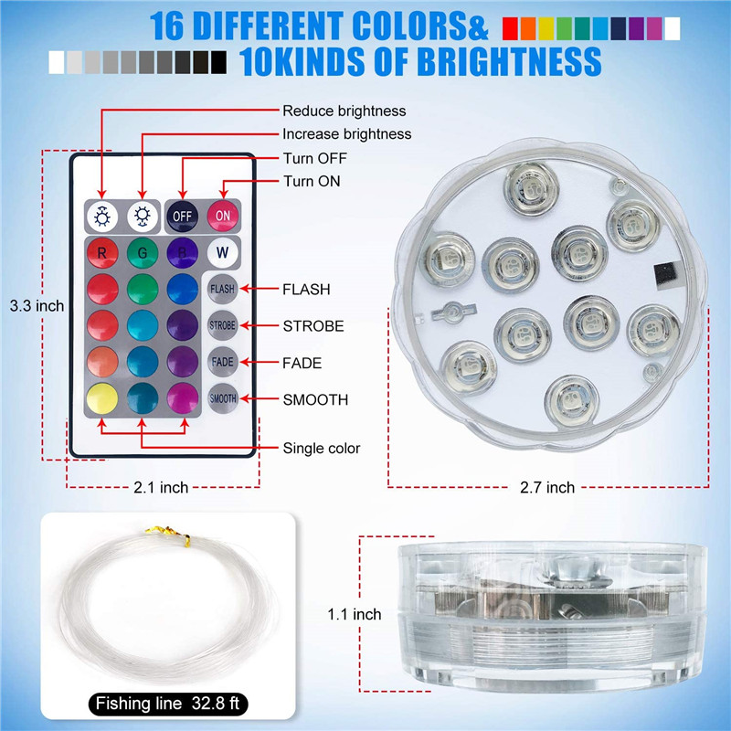 Lampe de Nuit Sous-marine à 10LED RGB SubSN, Luminaire à Piles, Idéal pour un Jardin, une Piscine, un Vase ou une ixde Mariage