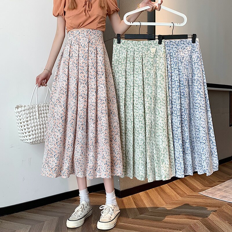 Jupe plissée à fleurs pour femmes, Style coréen, taille haute, Slim, décontractée, longue, été