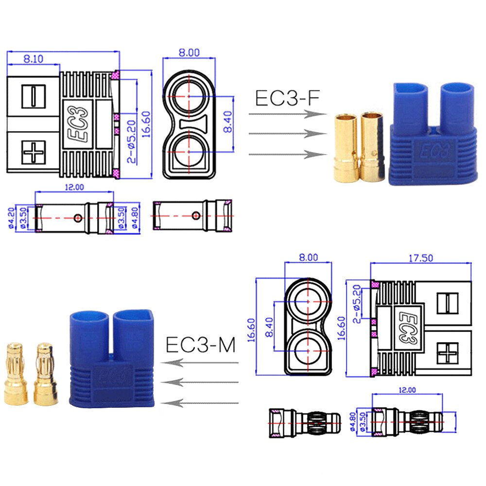 5set/lot EC3 3mm/EC5 5mm Male-Female Type Battery Connector Golden Battery Connector Bullet Plug