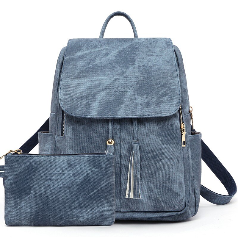 VICUNA POLO Large Capacity Womens Backpack Set With Clutch Wallet Leather Ladies Backpack Bag rucksack mochila: Blue