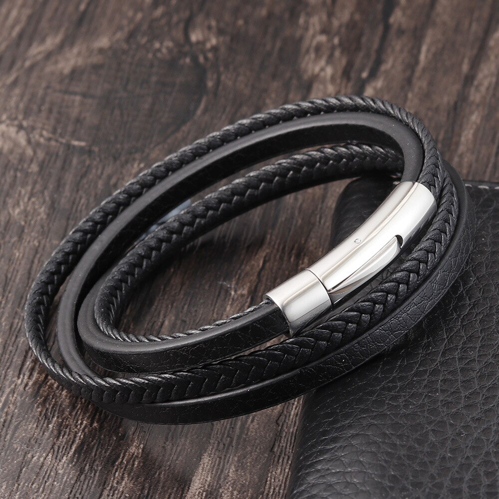 Skcess Metalen armbanden voor heren, zilver, ketting armbanden vierkante knoop lederen armband roestvrij stalen armband voor jongens, 18.5cm, Geen edelsteen