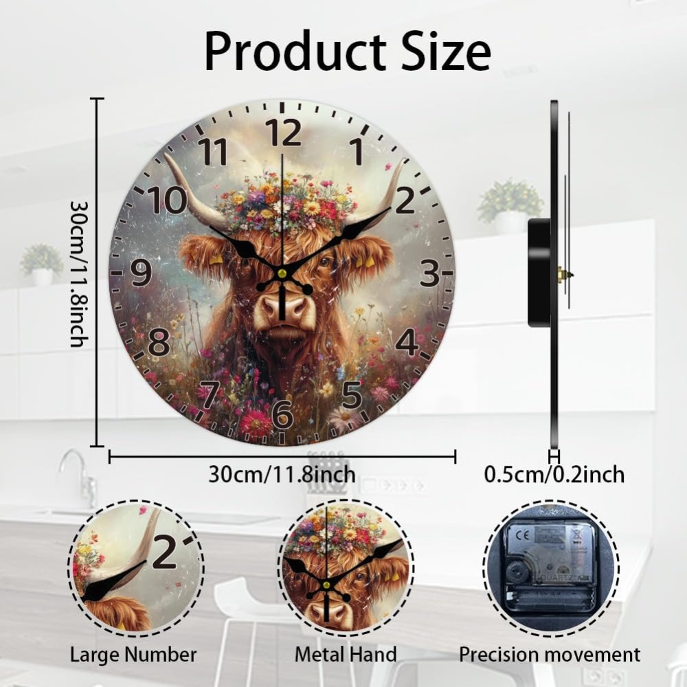 Highland Cattle Wall Clock 12 Inch Clock Flowers Non Ticking Battery Operated Decorative Round Clock for Home Kitchen Living