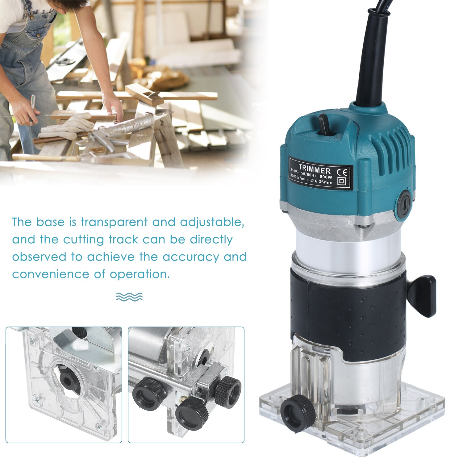 Trim Router with Transparent Base Edge Guide Wood Laminate Electric Trimmer Compact Palm Router Corded for Woodworking Trimming