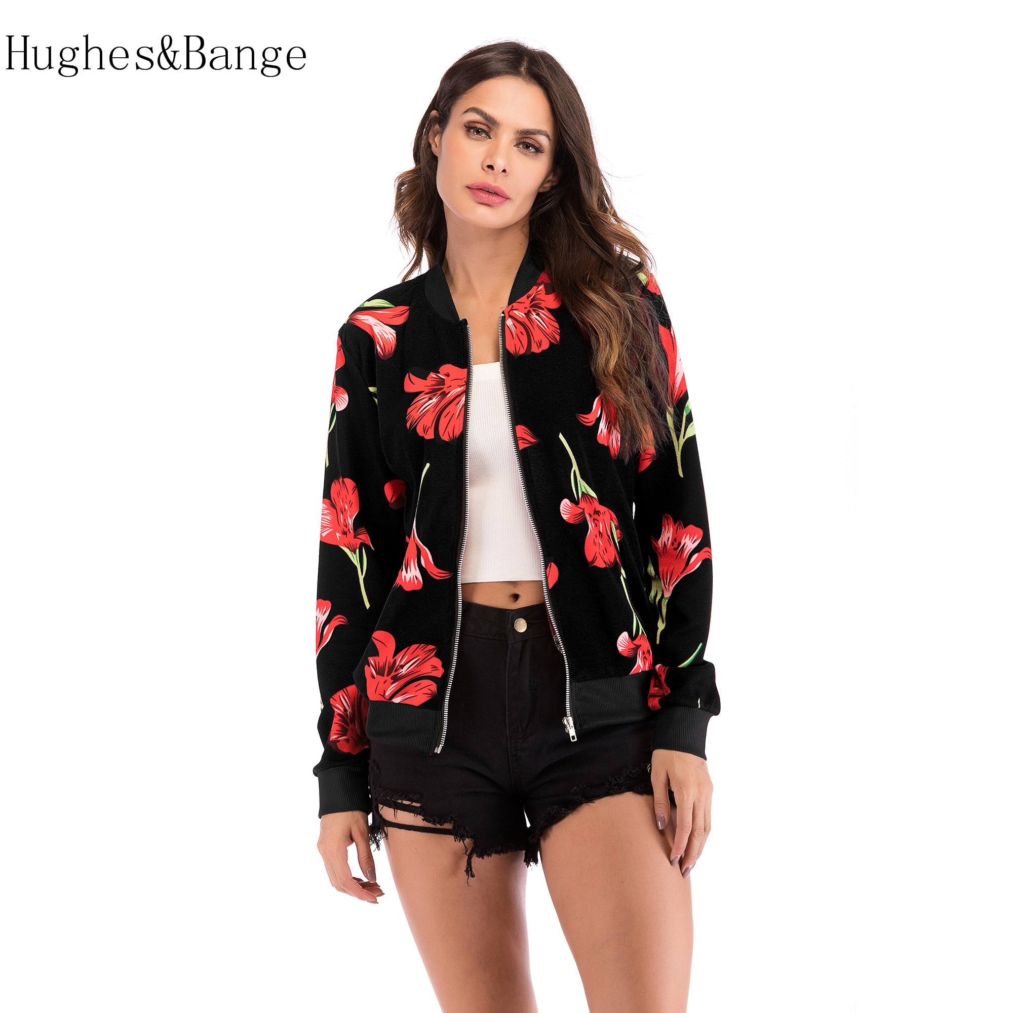 spring Women Jackets Outerwear Flower Floral Print Ladies Zipper Up Short Thin Slim Bomber Jacket Coats Basic Casual