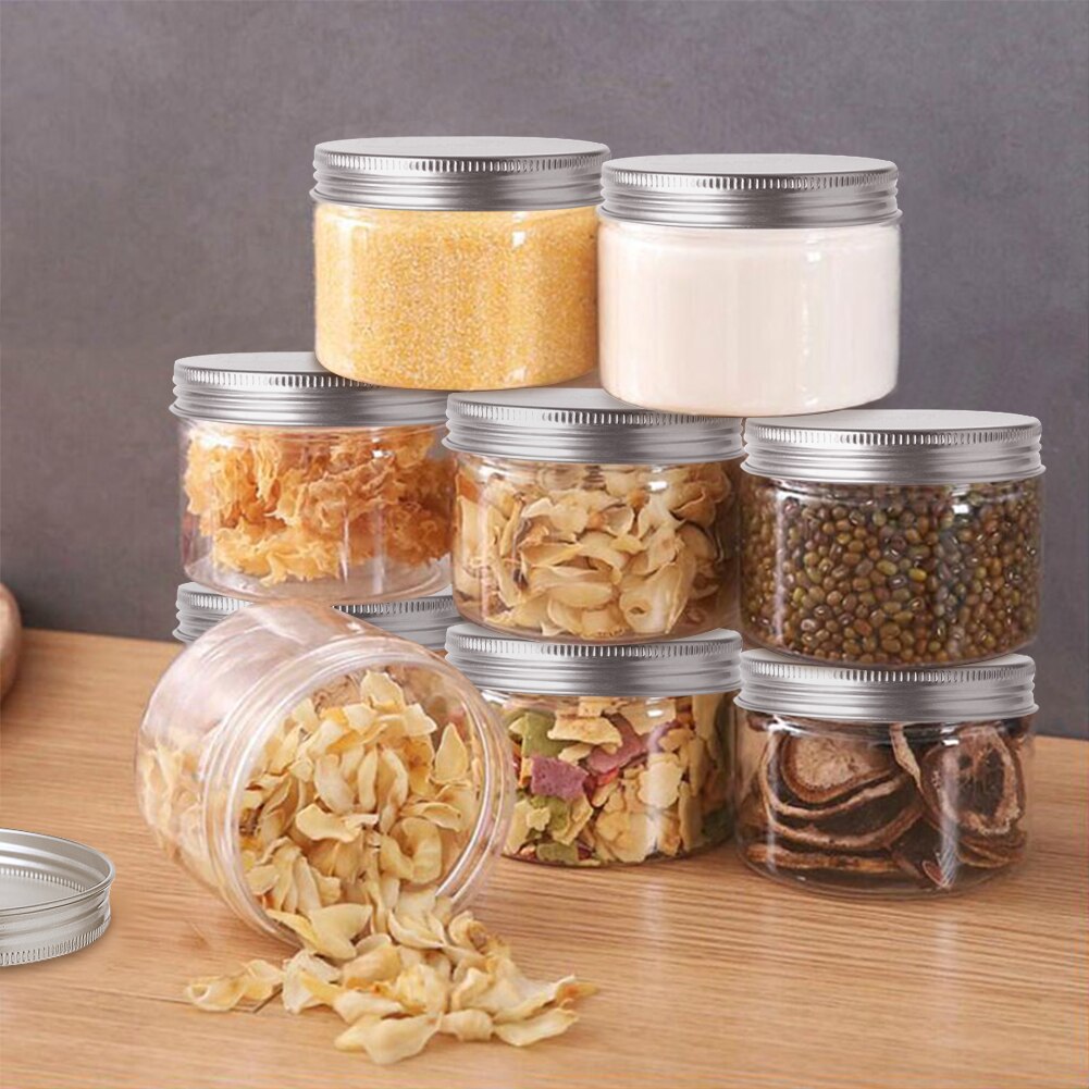 10pcs 30ml 50ml 60ml 80ml 100ml 120ml 150ml PET Plastic Round Wide-Mouth Containers Candy Storage Makeup Jars With Aluminum Lid