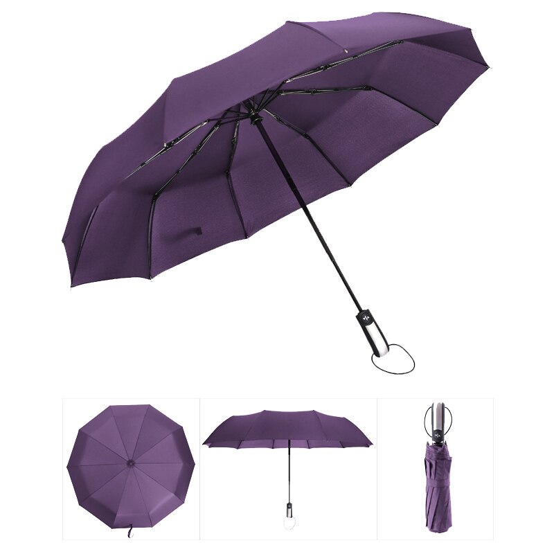 Paraguas resistente al viento totalmente automático paraguas para lluvia para hombres 3 paraguas plegable de paraguas compacto grande de viaje de negocios coche 10K paraguas: Purple