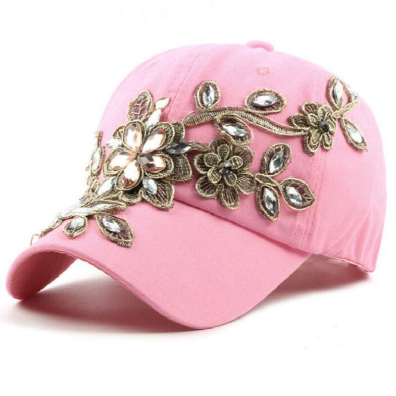 Qui sous la douche bling strass femmes casquette réglable fleur cristal femme snapback chapeau en plein air été casquette de baseball: Rose
