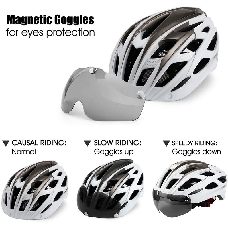Casco de bicicleta, casco de bicicleta con luz trasera y gafas magnéticas desmontables y mochila portátil Casco de ciclismo ligero ajustable para adultos Hombres Mujeres Montaña y carretera