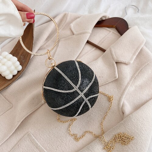 Vrouwen avond clutch kleurrijke kristallen diamanten ronde bolvormige clutch dames handtas bruiloft portemonnee ketting schoudertas: Zwarte basketbal