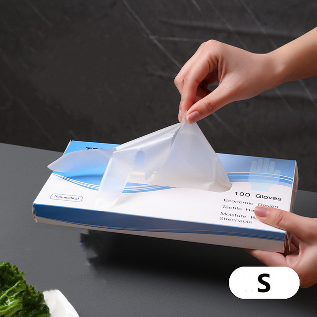 Guantes desechables de TPE, manoplas transparentes sin látex, antideslizantes, de seguridad para el trabajo, limpieza del hogar de grado alimenticio, 100 Uds.: S