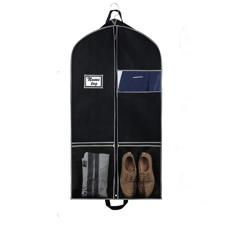 Funda de traje con refuerzo negro con bolsillos grandes para zapatos de malla, bolsas de ropa colgantes para viaje, bolsa de ropa transpirable, abrigos, bolsas de vestir: 190 x 200 cm