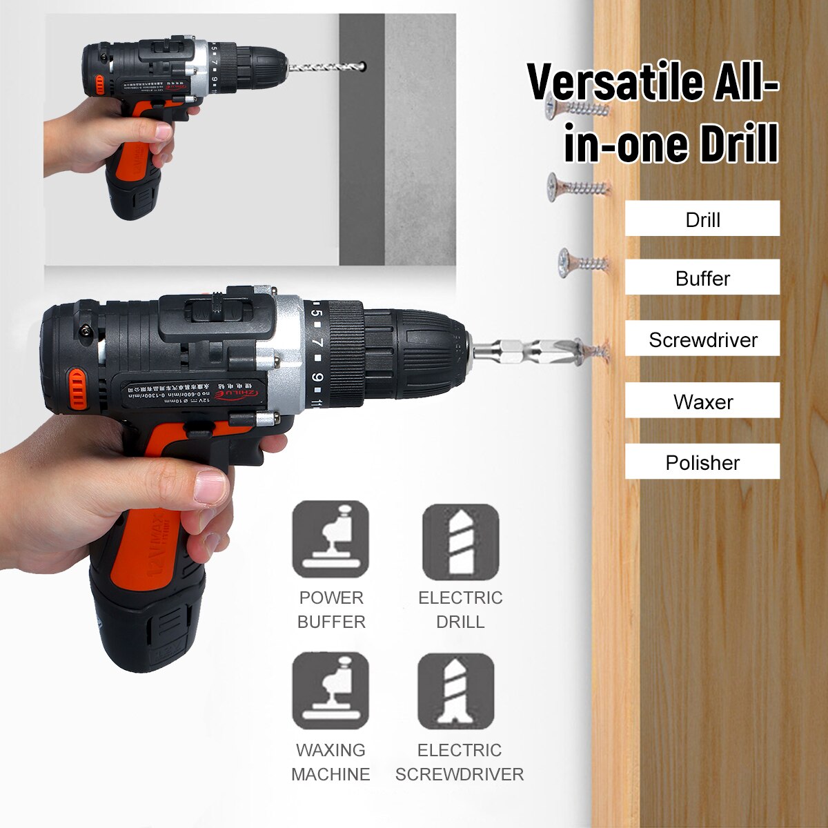 12V Cordless Drill/Driver Kit 1400rpm Variable Speed Polisher Car Buffer Waxer Set Power Screwdriver with 5 Bits 1 Polishing Pad