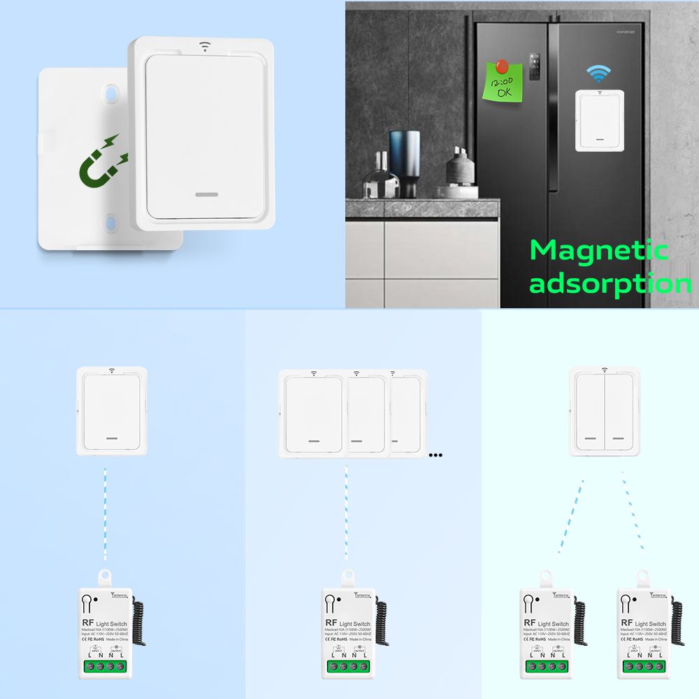 RF433 Drahtlose Fernbedienung Lichtschalter AC110V 220V 10A Relais Mini Modul Wandpaneel mit Magnet für Zuhause Lampe Ventilator LED TV