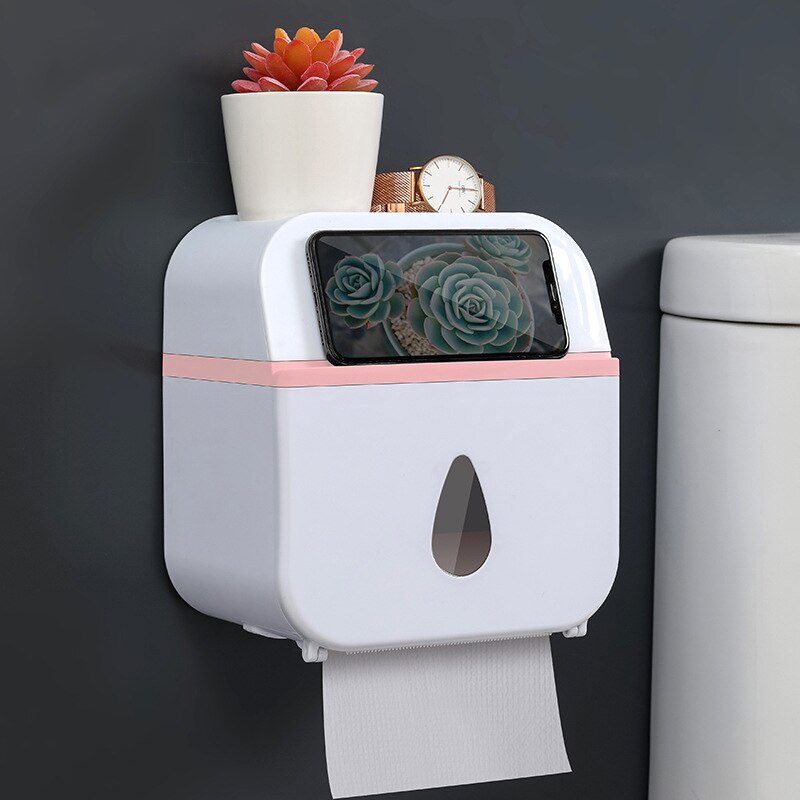 BAISPO Punch Free Waterproof Tissue Box Double Layer Storage Box Portable Toilet Paper Holder Bathroom Accessories Sets: Pink