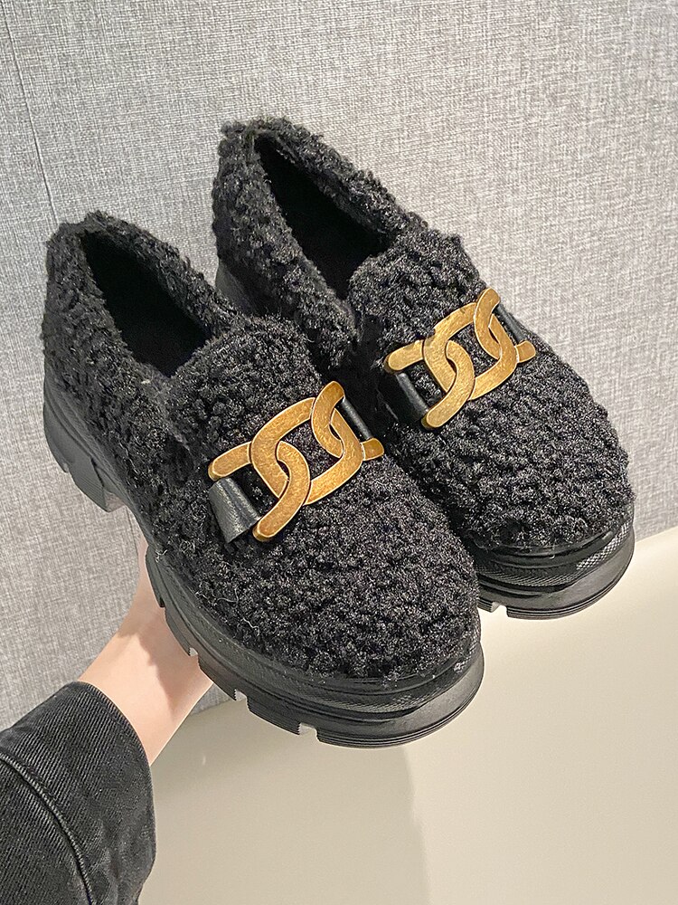 Damesschoenen platform herfst loafers met bont casual dames sneakers ronde neus instappers all-match klompen herfst instappers winter