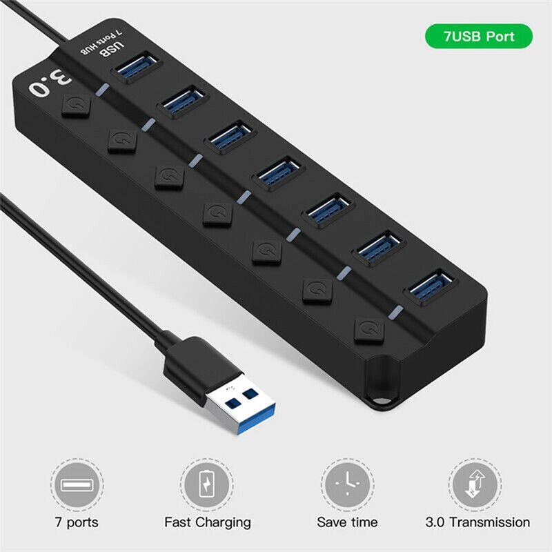 USB Hub 3.0 High Speed 5GBPS 7 Port Multi Splitter Adapter On/Off Switch for Laptop PC