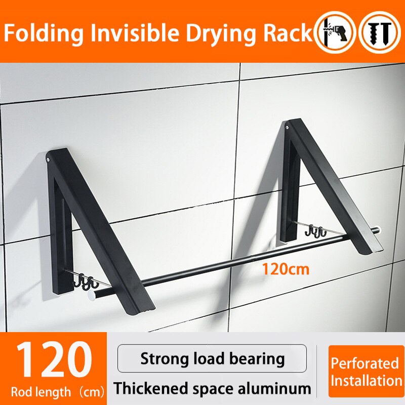 Colgador de ropa de pared portátil, tendedero plegable para exterior, telescópico para ropa, caballo, tendedero, balcón, gancho, varillas de riel: nailing Black120cm