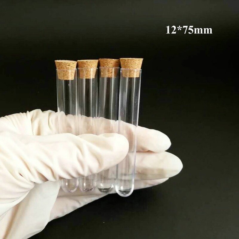 50 stk / parti dia 12mm to 25mm reagensglas af hård plast med korkpropp til eksperimenter, længde fra 60mm to 150mm