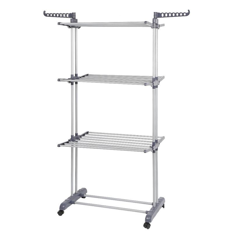 3 Layer Foldable Clothes Hanger Multi-Function Coat Rack Removable Bedroom Hanging Clothes With Wheels Floor Standing Hanger HWC: Gray and silver