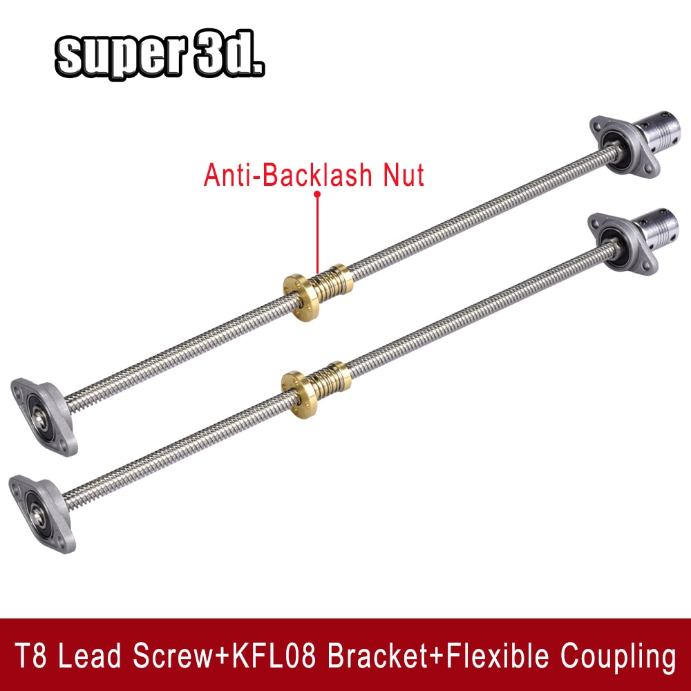 3D Printer T8 Lead Screw lead 8mm 150/200/300/400/500mm+ T8 Anti Backlash Spring+ KFL08 Pillow Block+5 to 8mm Flexible Coupling