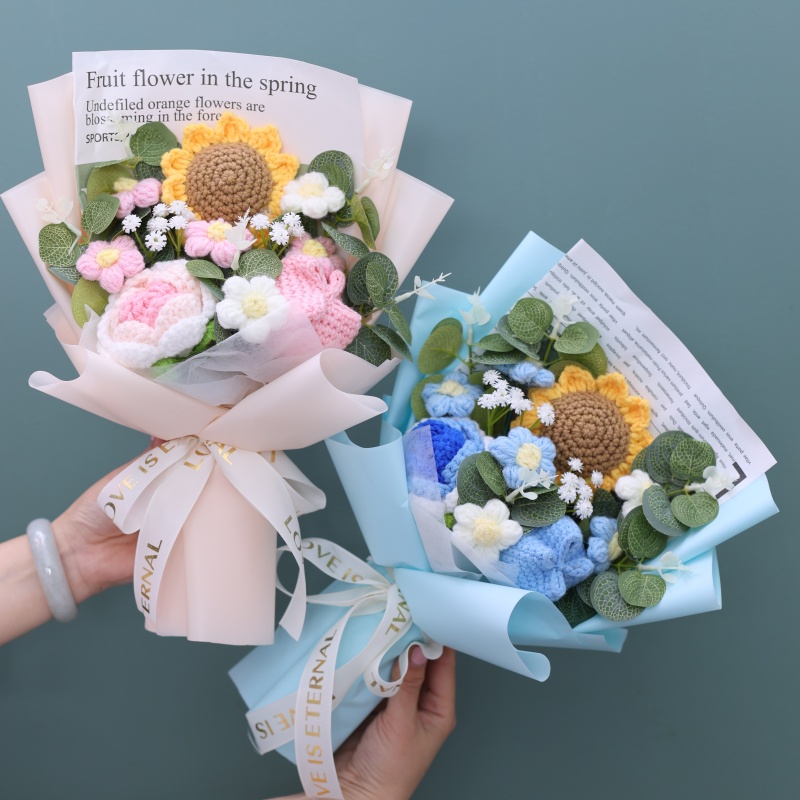 Afgewerkte gebreide bloemen Zonnebloemen gehaakt boeket Creatieve gebreide bloemen Valentijn Moederdag Verjaardag Afstudeercadeaus