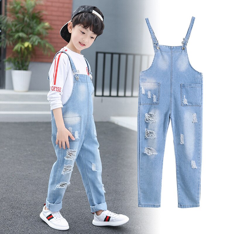 Ragazze Jeans Strappati Tute E Salopette Per La Ragazza Del Denim 2020 Della Tasca Della Molla Dei Pantaloni Della Tuta Tute Per Bambini Hole Globale Per I Bambini Sorella abiti