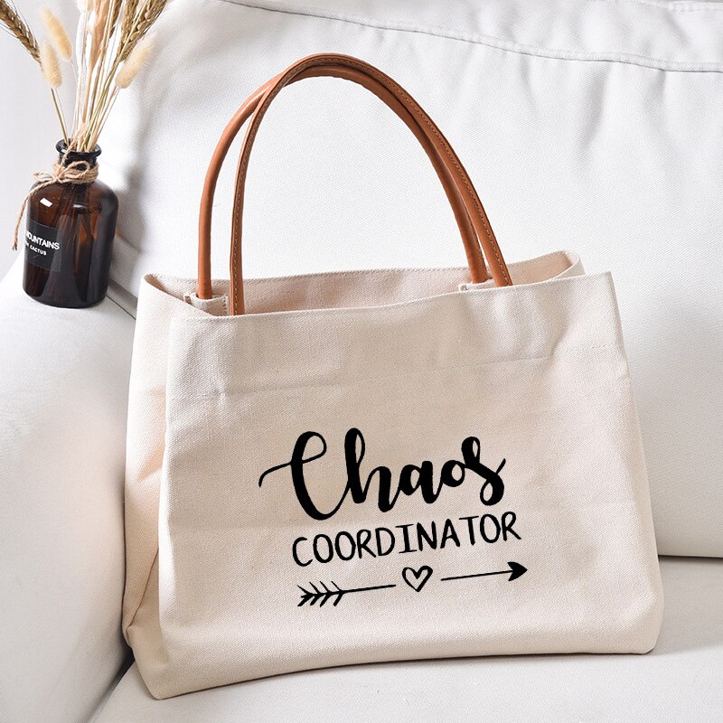 Funny Teacher Book Tote Chaos Coordinator Printed Canvas Teaching Bag for TeacherWomen Lady Casual Beach Bag Handbag: white