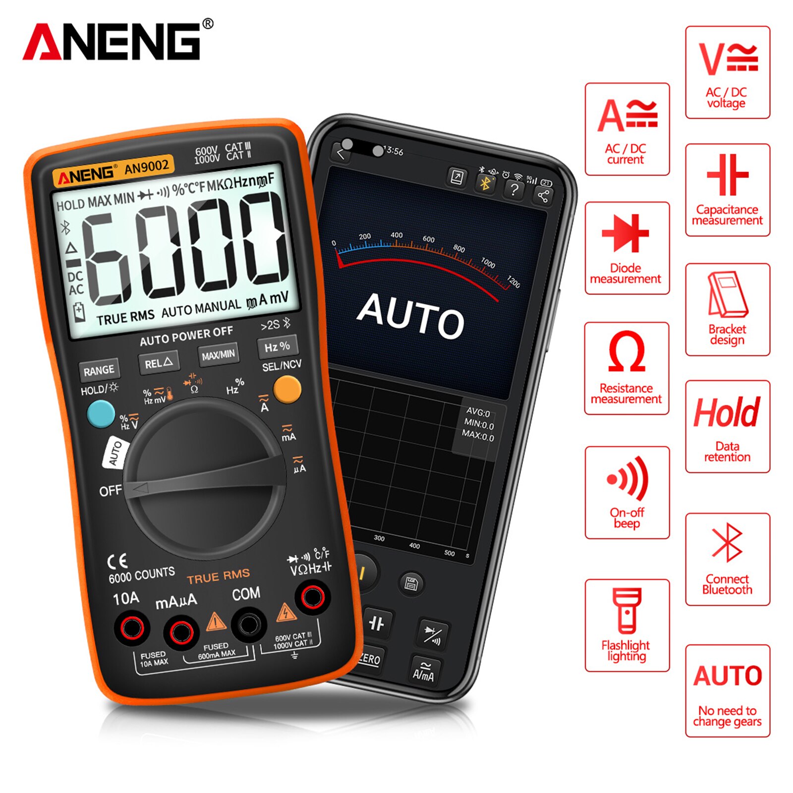 ein9002 Bluetooth Digital Multimeter 6000 Zählt Professionelle Multimeter RMS AC Strom Spannung Tester